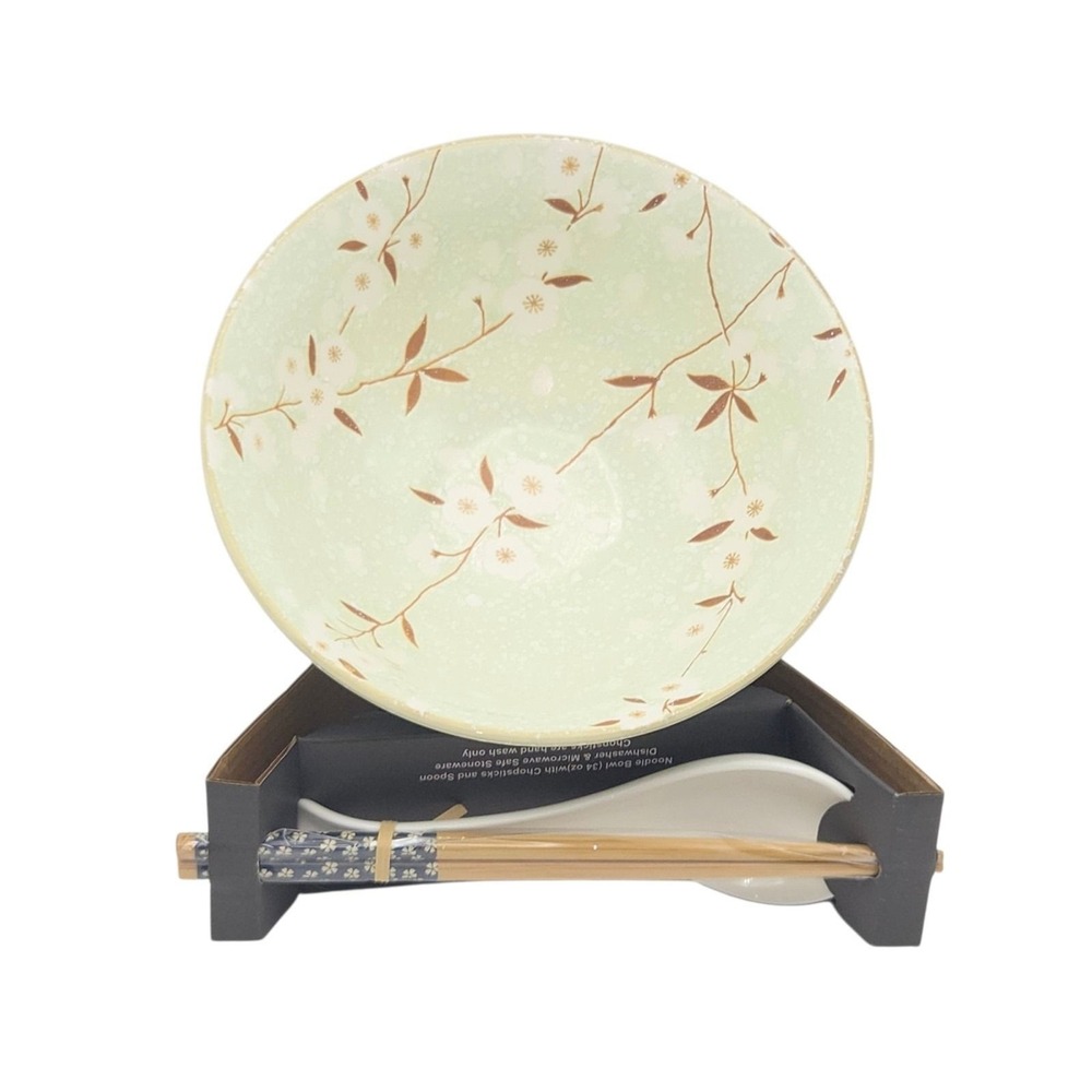 Signature Mint Green Cherry Blossom Ceramic Ramen Noodle Bowl Chopsticks & Spoon